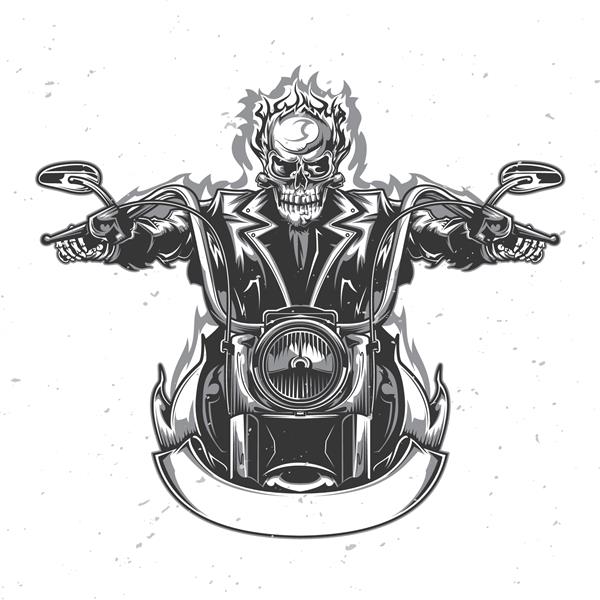 طرح تی شرت یا پوستر با اسکلت مصور سوار بر موتور سیکلت