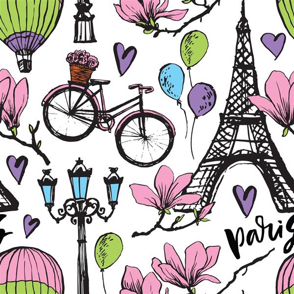 الگوی بدون درز نمادهای پاریس سفر عاشقانه در پاریس شکوفه مگنولیا برج ایفل