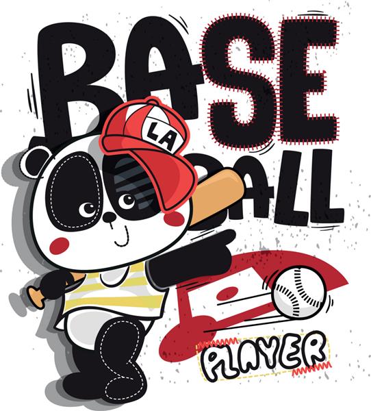 بازیکن بیسبال پسر پاندا کارتونی بامزه که کلاه قرمزی به سر دارد و خفاش در دست دارد روی تصویر پس زمینه گرانج وکتور طرح چاپ تی شرت