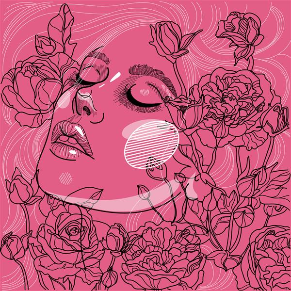 وکتور پرتره دختر زیبای پوره پری در گل های رز شکوفه در پس زمینه صورتی