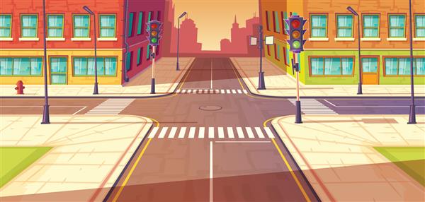 چهارراه شهر تصویر کارتونی وکتور تقاطع بزرگراه شهری خط عابر پیاده با چراغ راهنمایی نمای ساختمان های شهر
