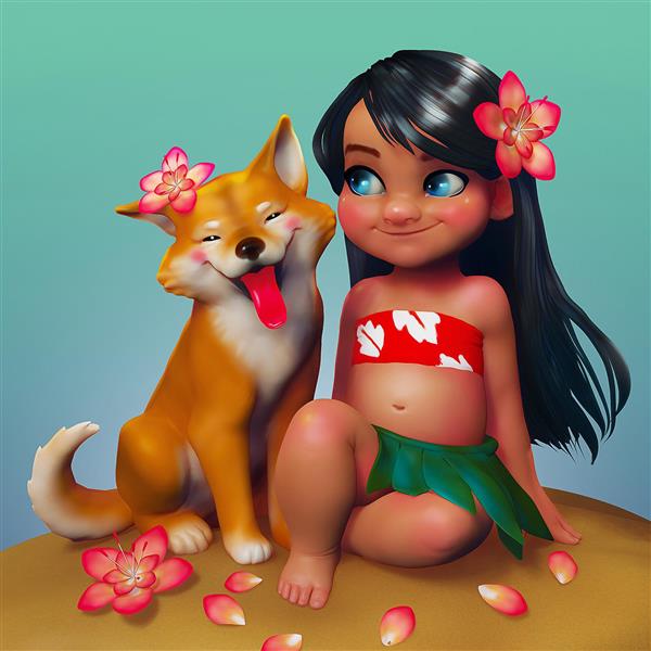 لیلو و بچه روباه بانمک نقاشی دیجیتال