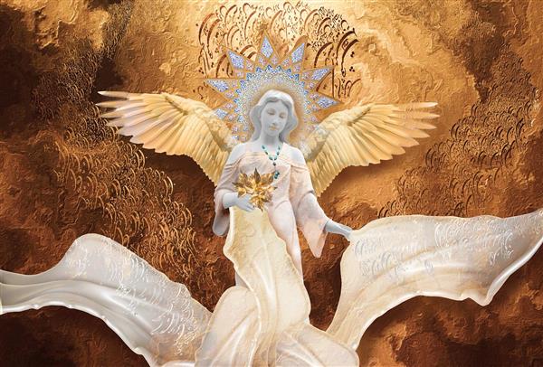 قدیسه تصویر فرشته مقدس با بال و بکگراند سه بعدی و کالیگرافی