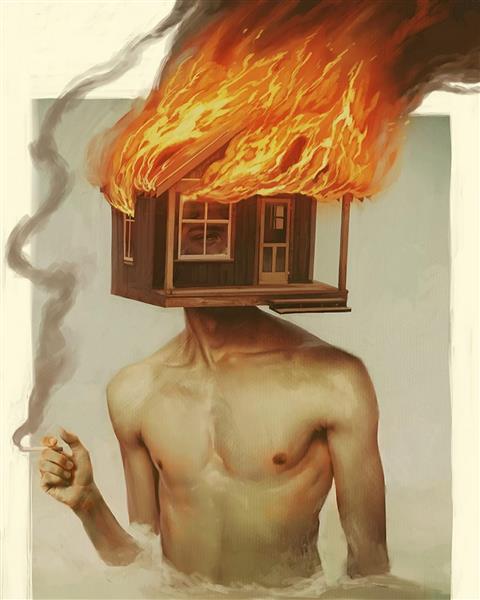 مردی با خانه آتش گرفته