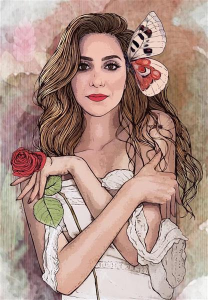 نقاشی زن زیبا و رز قرمز