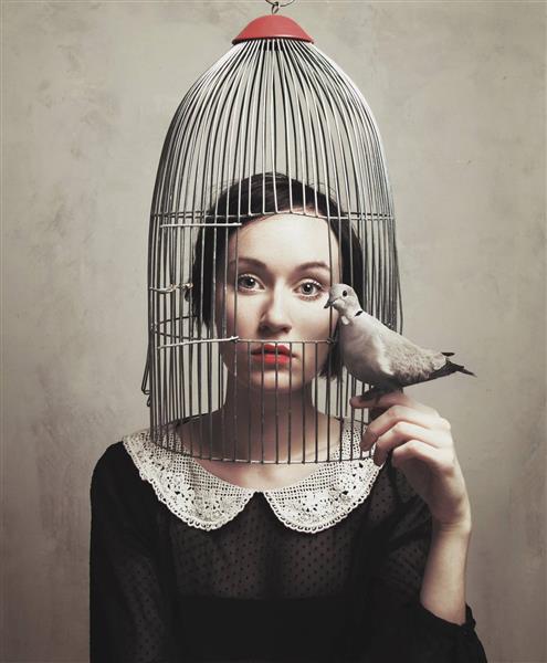 پرنده آزاد و زن زیبا اسیر در قفس