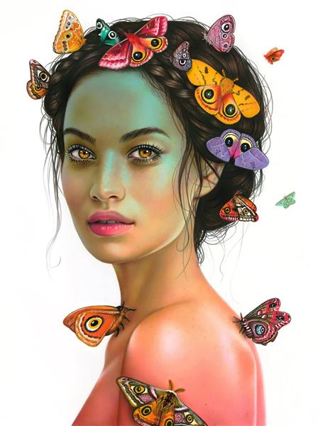 دختر زیبا و پروانه های رنگارنگ