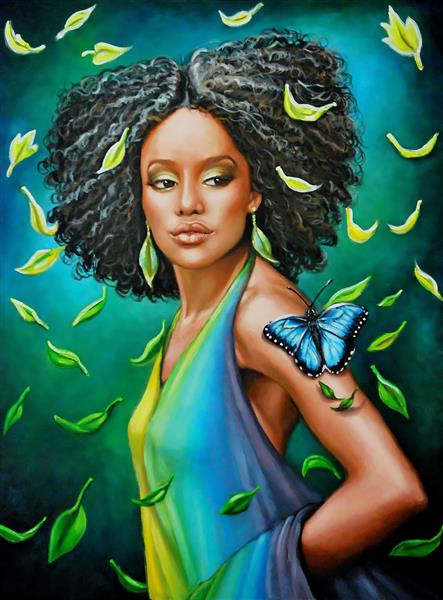 دختر سیاه پوست زیبا با پروانه