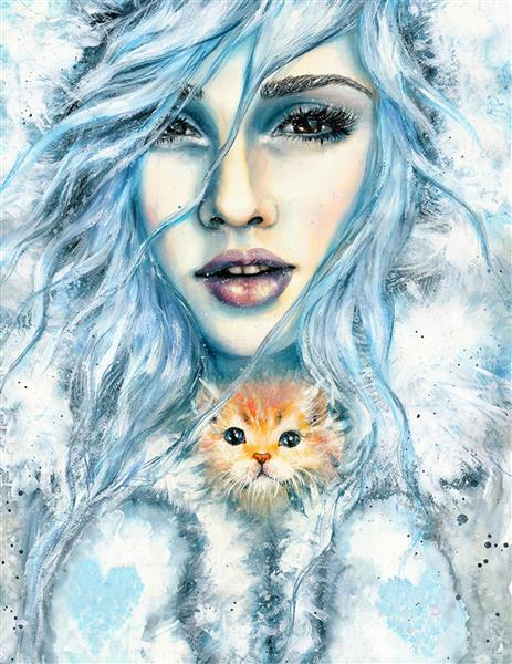دختر زیبا با گربه ملوس در یک روز سرد زمستانی