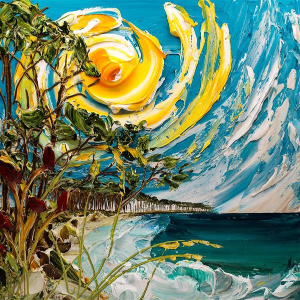 نقاشی رنگ روغن نقش برجسته خورشید در ساحل