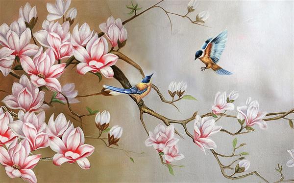 شکوفه های صورتی و پرندگان در حال پرواز