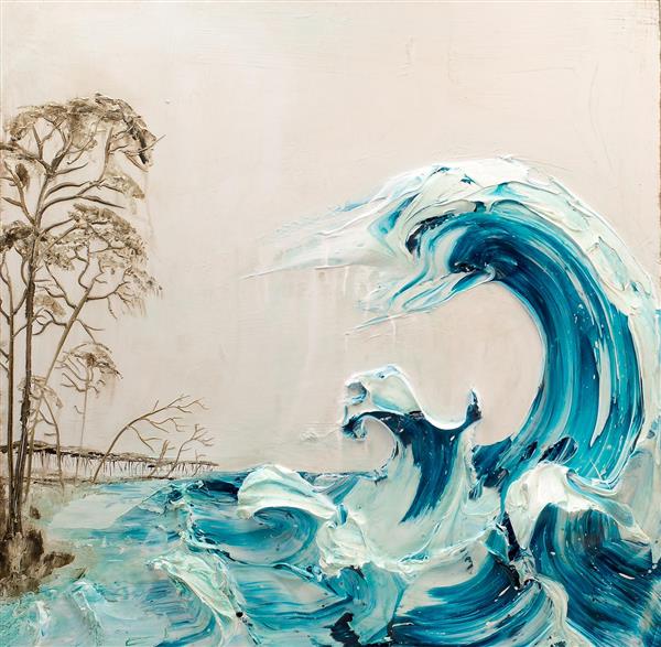 نقاشی رنگ روغن نقش برجسته امواج و درخت
