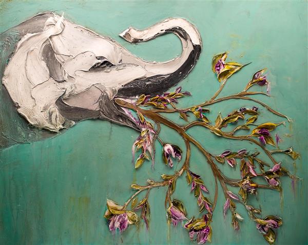 نقاشی رنگ روغن نقش برجسته فیل درختی
