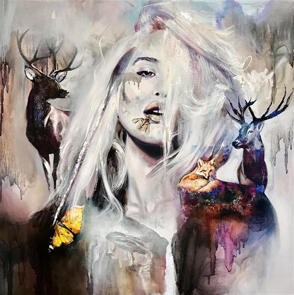 نقاشی رنگ روغن دختری با روباه و گوزن
