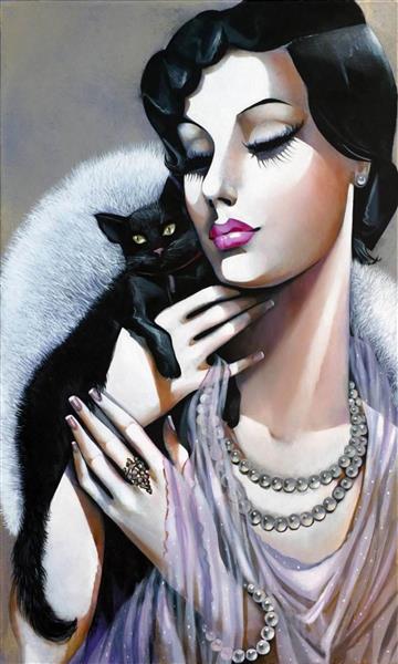 نقاشی زن زیبا و گربه سیاه