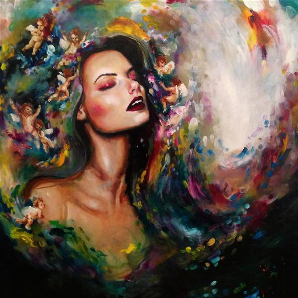 نقاشی رنگ روغن زن زیبا و کوپیدها