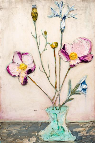 گلدان گل نقش برجسته نقاشی رنگ روغن