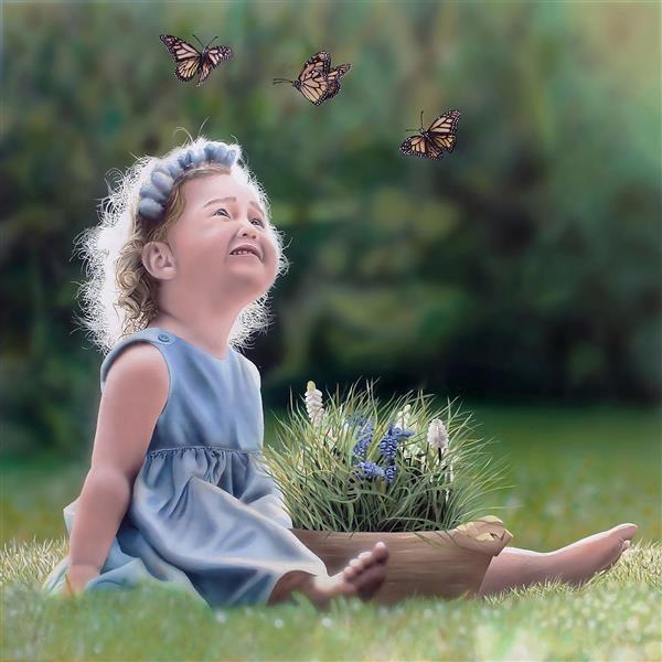 نقاشی شادی یک دختر بامزه با پروانه ها