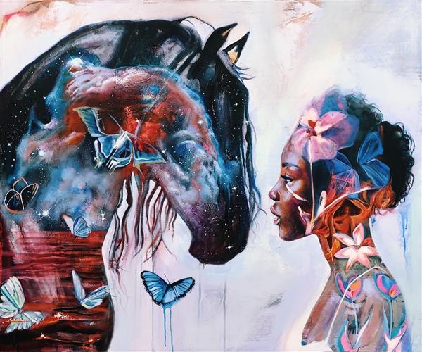اسب سیاه و پروانه های رنگارنگ نقاشی رنگ روغن