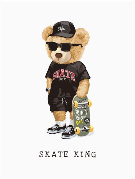 شعار پادشاه اسکیت با اسباب بازی خرس در تی شرت و تصویر اسکیت برد