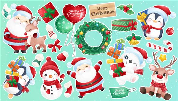 مجموعه برچسب‌های بابا نوئل و حیوان ابله زیبا برای روز کریسمس