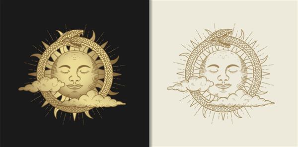 چهره خورشید احاطه شده توسط مارها و تزئین شده با ابرها تصویرسازی با تم های باطنی بوهو معنوی هندسی طالع بینی جادویی برای کارت خواننده تاروت