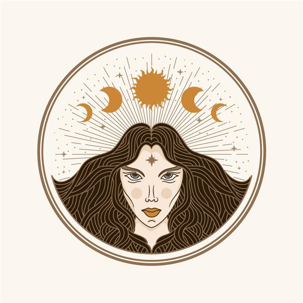 زن ماه تصویرسازی با تم های باطنی بوهو معنوی هندسی طالع بینی جادویی برای کارت خواننده تاروت