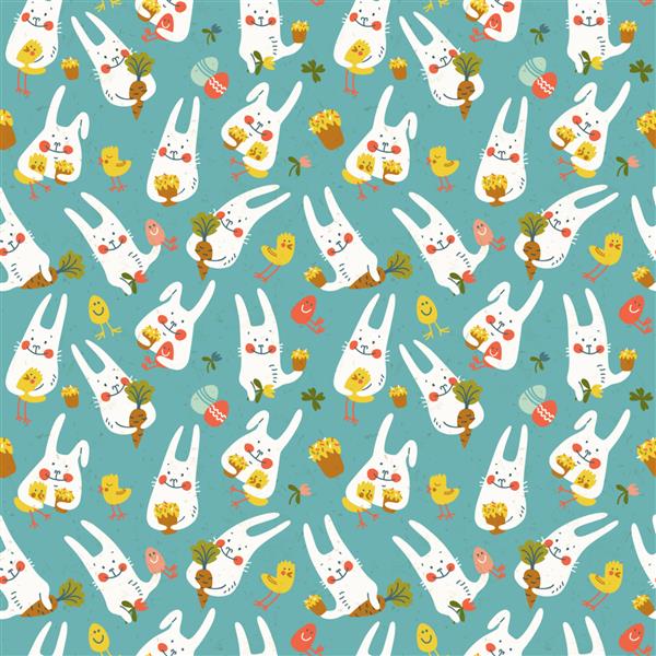 الگوی بدون درز آبی عید پاک با خرگوش های ناز هویج مرغ گل و تخم مرغ تصویر وکتور ابله