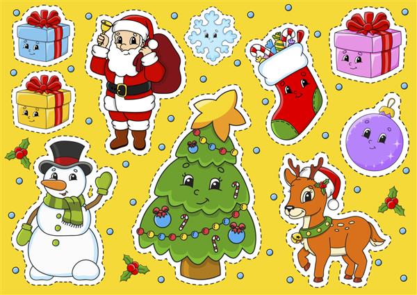 مجموعه ای از برچسب ها با تم کریسمس شخصیت های کارتونی زیبا