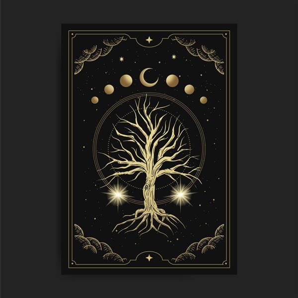درخت مقدس جادویی با تزئین فاز ماه آسمانی و ستاره به سبک طراحی دستی مجلل