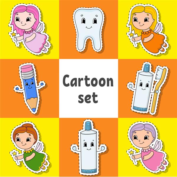 مجموعه ای از برچسب ها با کلیپرت دندانی شخصیت های کارتونی زیبا
