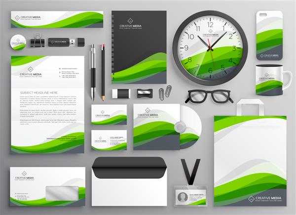 طراحی قالب مجموعه لوازم التحریر تجاری موجدار سبز برای برند شما