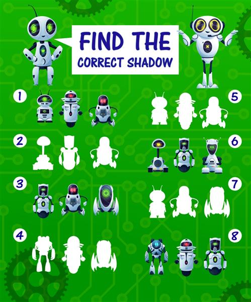 معمای ربات سایه درست را پیدا کنید بازی وکتور بازی با شبح های کارتونی سایبورگ تست منطق کودکان با اندروید و ربات های هوش مصنوعی وظیفه آموزشی برای رشد ذهن