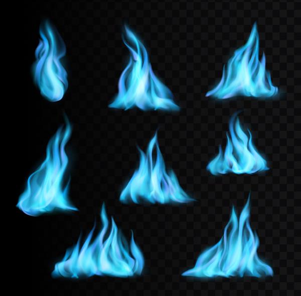 گاز طبیعی شعله‌های آبی می‌سوزاند و نمادهای وکتور نور آتش واقعی یا شعله انرژی شعله های آتش اجاق گاز آبی یا مشعل با جلوه درخشش شعله های آتش طبیعی یا گلوله های آتش آبی