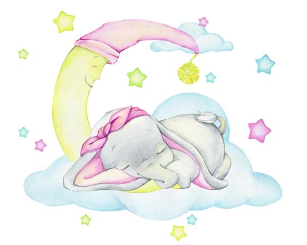 بچه فیل ناز خوابیده در پس زمینه ماه ابرها و ستاره ها کلیپ آبرنگ به سبک کارتونی