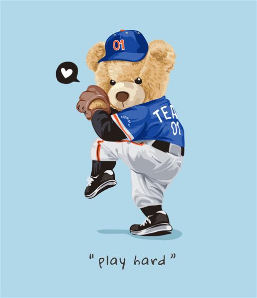 شعار سخت را با عروسک خرس در تصویر لباس پارچ بیسبال بازی کنید