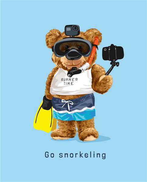 شعار غواصی با عروسک خرس در ماسک غواصی در حال گرفتن تصویر سلفی