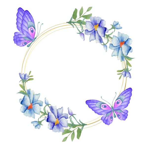 قاب گل بهاری آبرنگ زیبا با پروانه های دوست داشتنی
