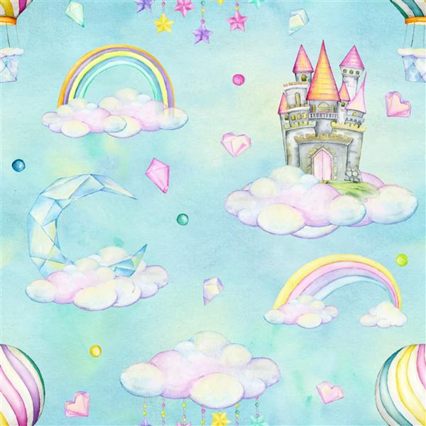 قلعه بادکنک کریستال قلب رنگین کمان ماه گلدسته ابرها سبک کارتونی طراحی با دست الگوی بدون درز آبرنگ