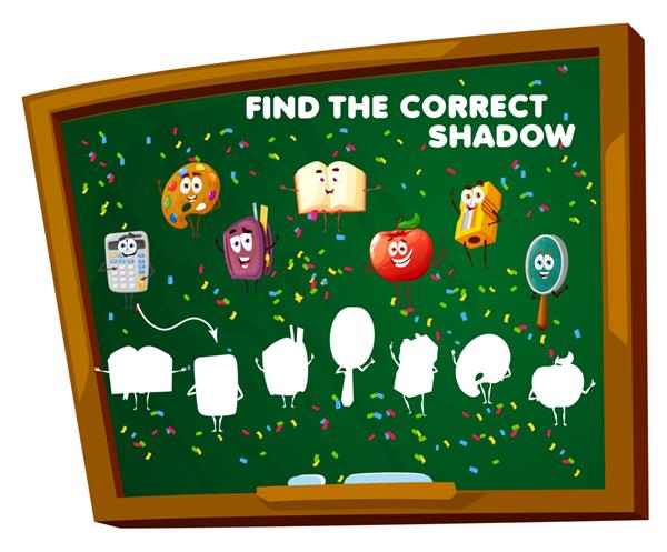 کاربرگ صحیح بازی سایه را پیدا کنید تخته سیاه آموزش مدرسه با کاراکترهای آموزش کار تطبیق با کتاب درسی وکتور کارتونی شبح های سیب تیز کن و ذره بین پیچ و خم معمای کودکان
