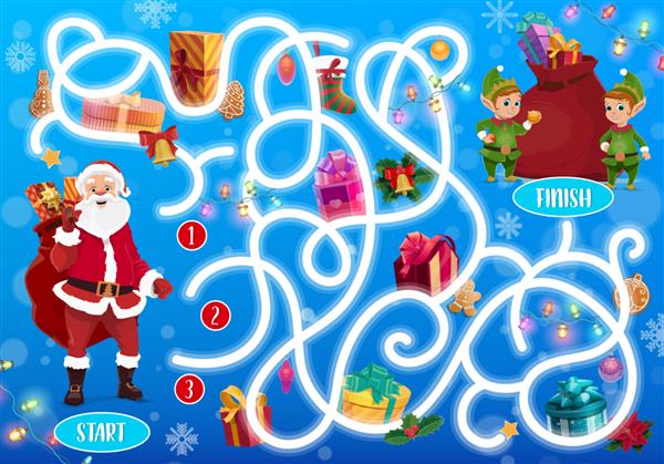 پیچ و خم کریسمس کودکان با وکتور بابا نوئل و هدایا