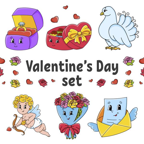 مجموعه ای از شخصیت های کارتونی زیبای روز ولنتاین که با دست کشیده شده اند