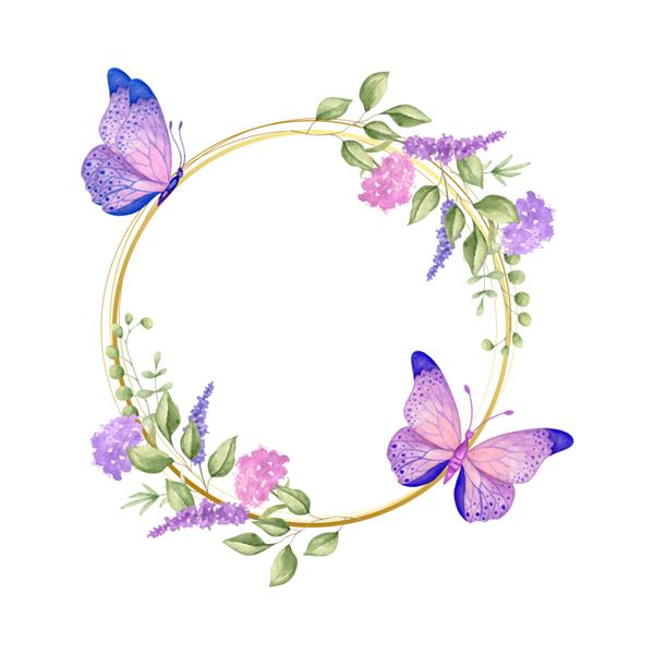 قاب گلدار آبرنگ به سبک زیبا با پروانه برای کارت تبریک یا مونوگرام عروسی