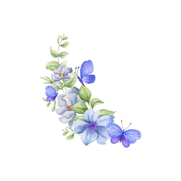 دسته گل آبی تزئینی آبرنگ با پروانه های در حال پرواز