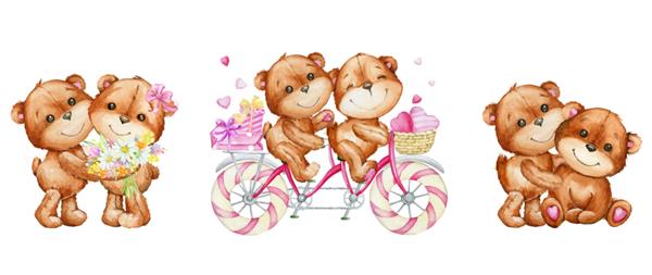 خرس گل دوچرخه هدیه قلب مجموعه آبرنگ روی پس‌زمینه مجزا