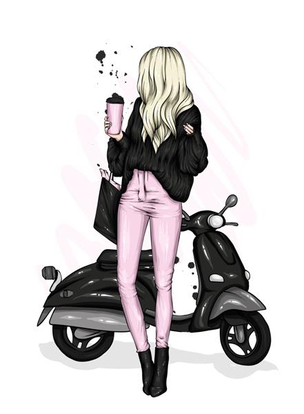 دختری زیبا با لباس های شیک و موتور سیکلت قدیمی