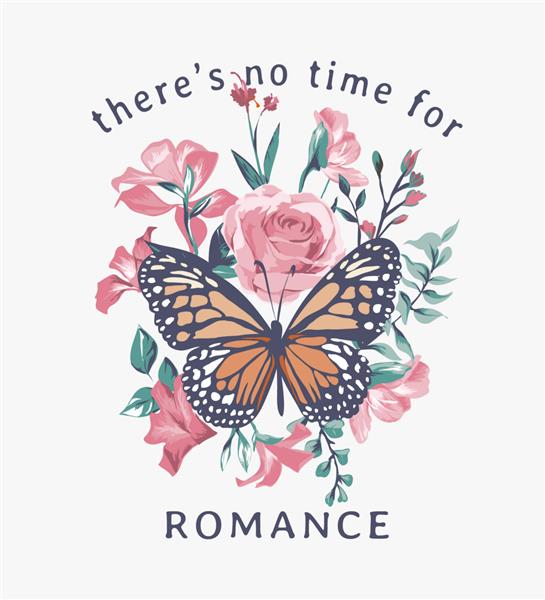 شعار عاشقانه با پروانه در پس زمینه گل های صورتی وحشی