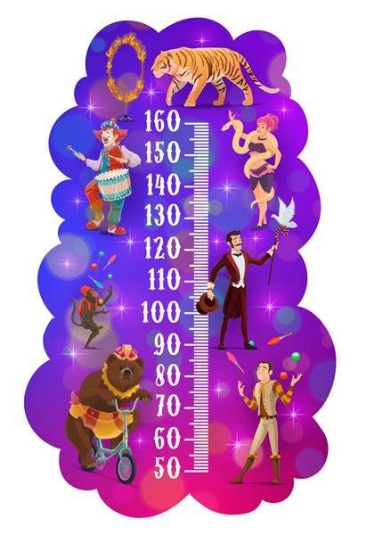 نمودار قد کودکان مربیان حیوانات سیرک روی متر رشد وکتور خط کش ارتفاع کارناوال تفریحی یا توهم‌پرداز سیرک شاپیتو شعبده باز خرس روی دوچرخه دلقک با طبل و میمون در حال شعبده بازی