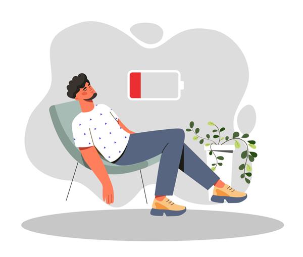 مفهوم باتری کم مرد جوانی روی صندلی نشسته کارمند خسته در محل کار مشکلات و پردازش نشانگر تخلیه خستگی و فرسودگی عاطفی تصویر وکتور تخت کارتونی