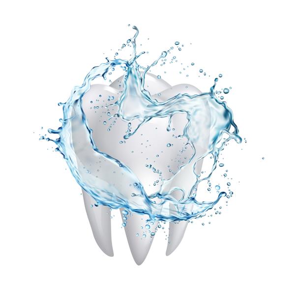 دهانشویه یا دهانشویه دندان و جریان آب تمیز اسپلش چرخشی با قطره بهداشت دندان واقع گرایانه وکتور سه بعدی دندان تمیز سفید و پاشیدن مایع شستشوی دهان آبی شفاف